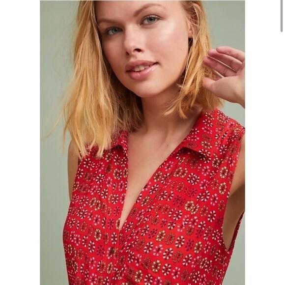 Anthropologie Maeve‎ Vicki Sleeveless Shirt Dress Red Geometric Size 00 - Picture 2 of 7